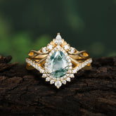 Elegant Pear-Cut 3 Prong Natural Moss Agate Engagement Ring Set